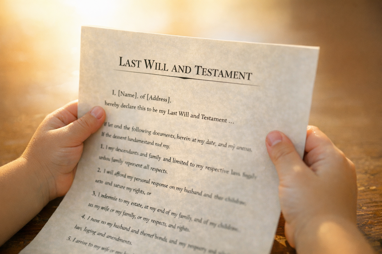 Barnhänder som håller i ett rättsligt dokument mot en ljus bakgrund