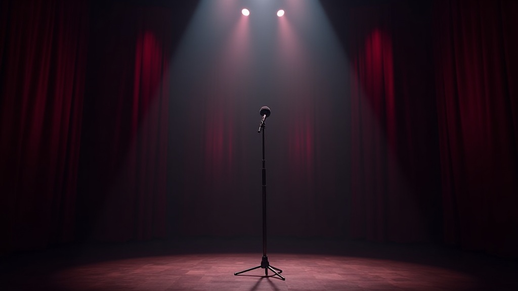 Ståuppscen med mikrofon, komedi och humor symbolfoto