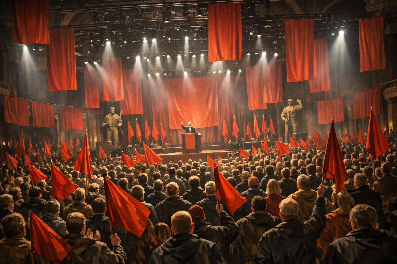 Folkmöte med röda flaggor och publik i en stor hall