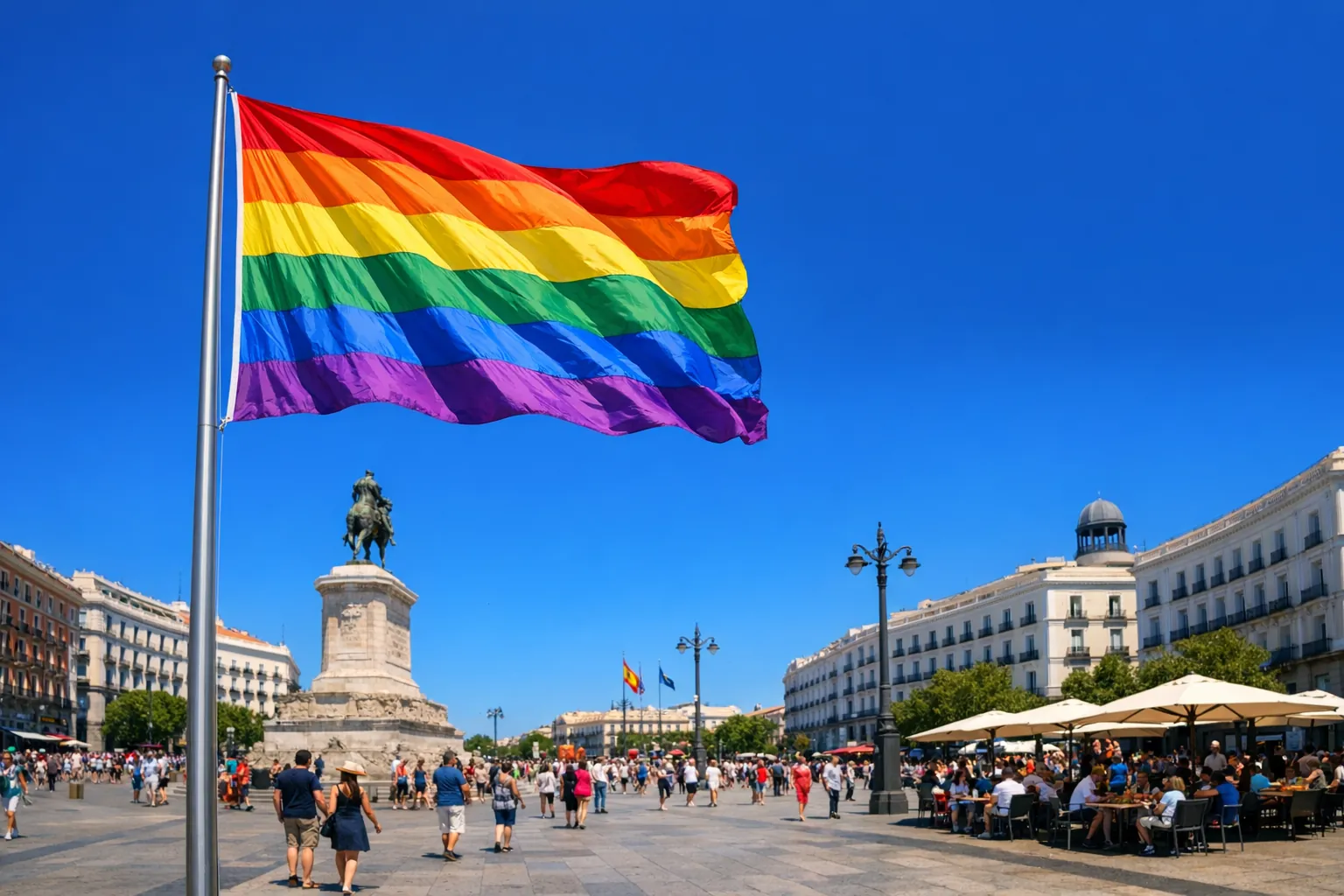 Regnbågsflagga mot blå himmel vid ett offentligt torg