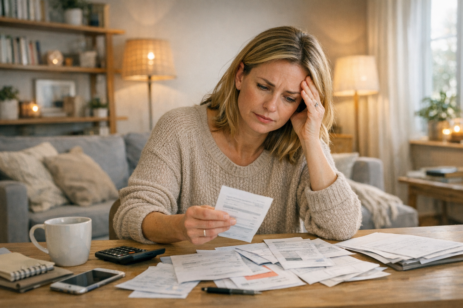 En kvinna sitter vid ett skrivbord med papper och räkningar framför sig i ett vardagsrum