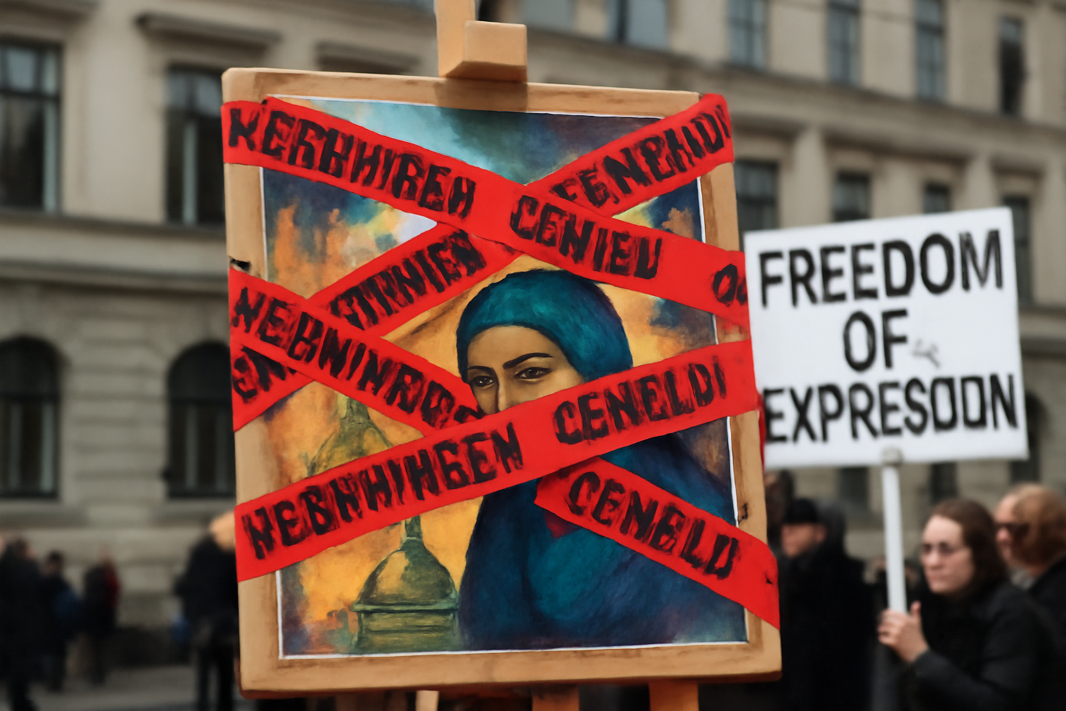 Konstnär vid atelje med yttrandefrihets-symboler och abstrakt konst