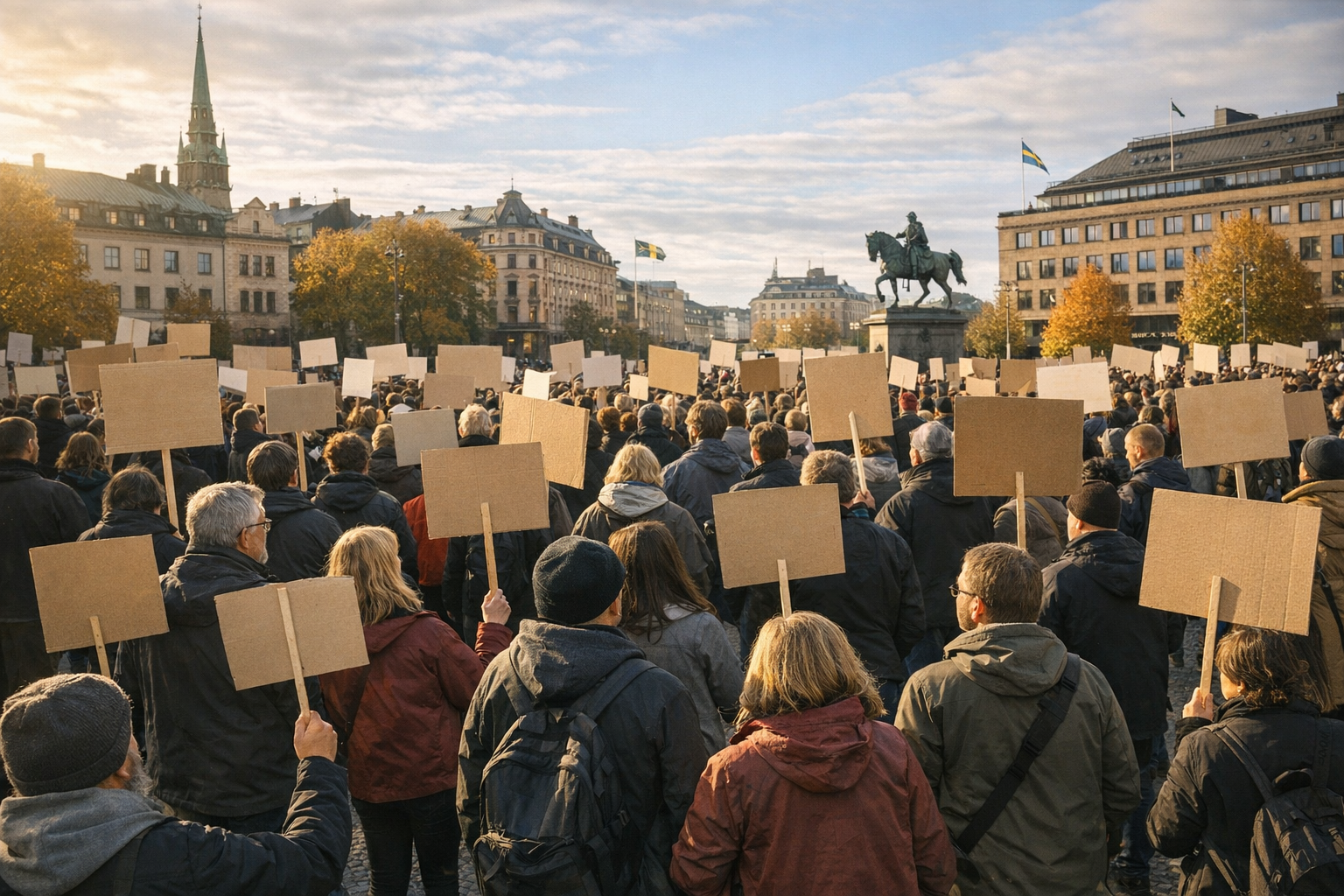 Politisk demonstration med skyltar och folksamling på ett torg i Sverige