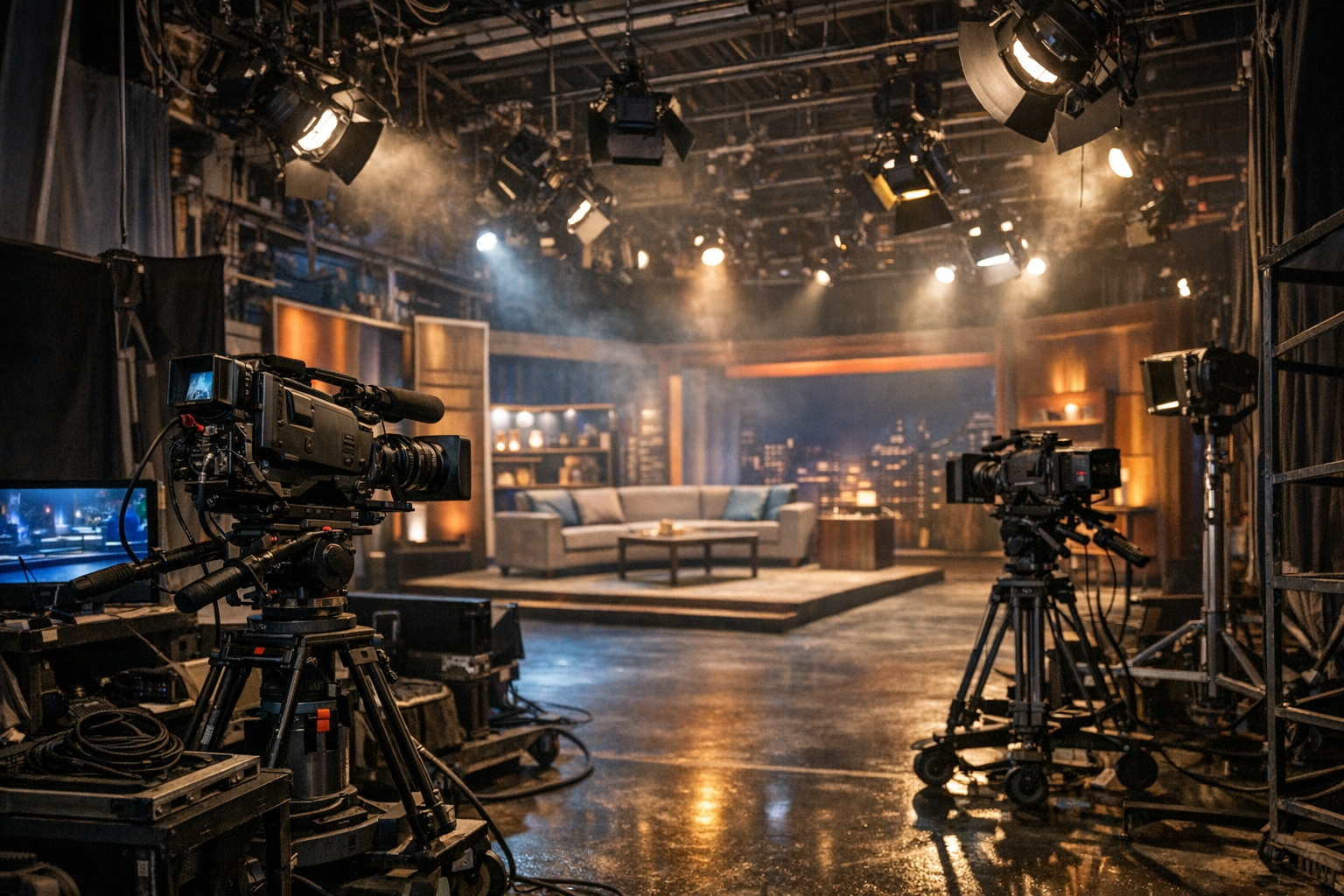 Televisionsstudio med kameror och spotlights mot en tom scenografi