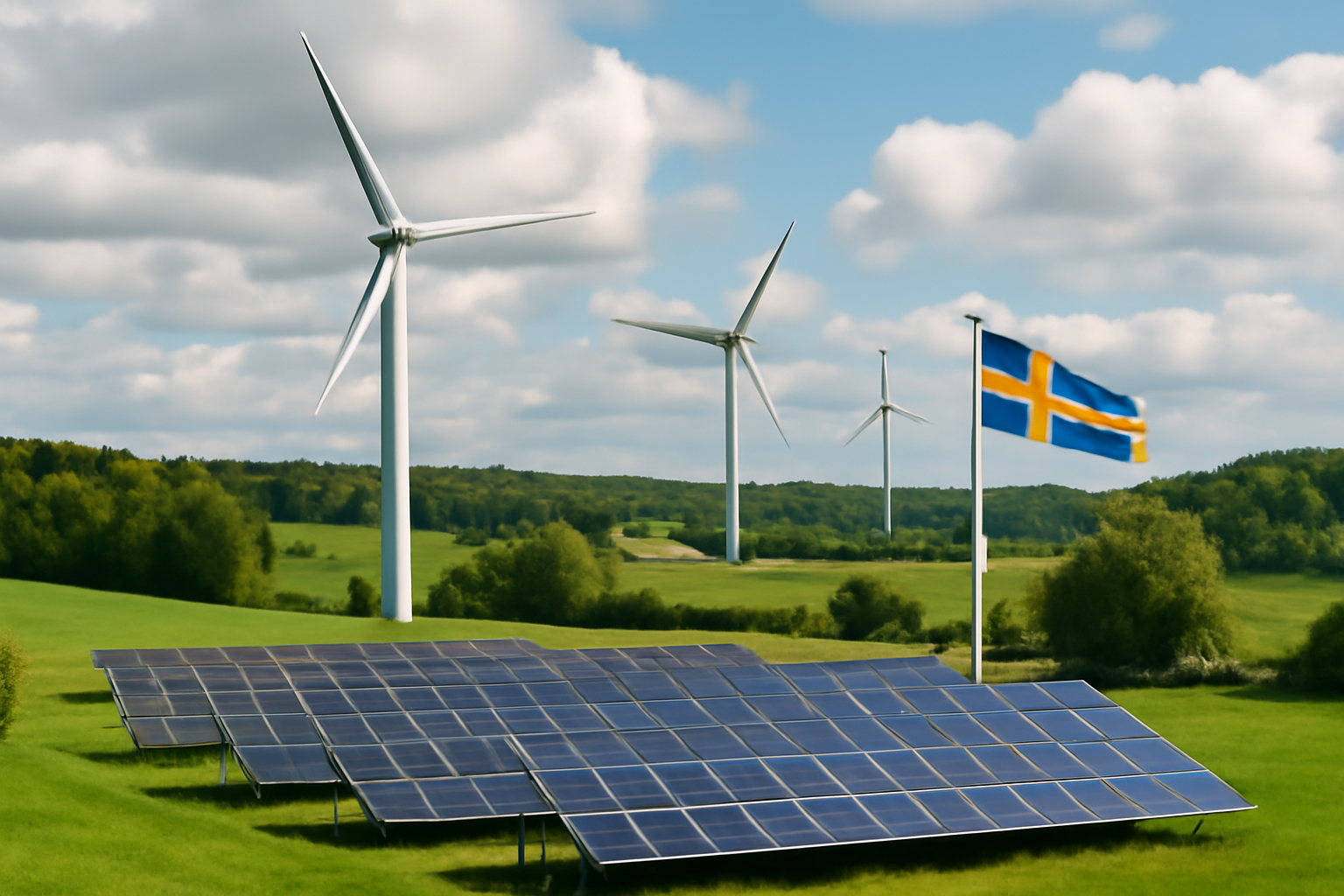 Vindkraftverk och solpaneler mot blå himmel, symboliserande grön energi