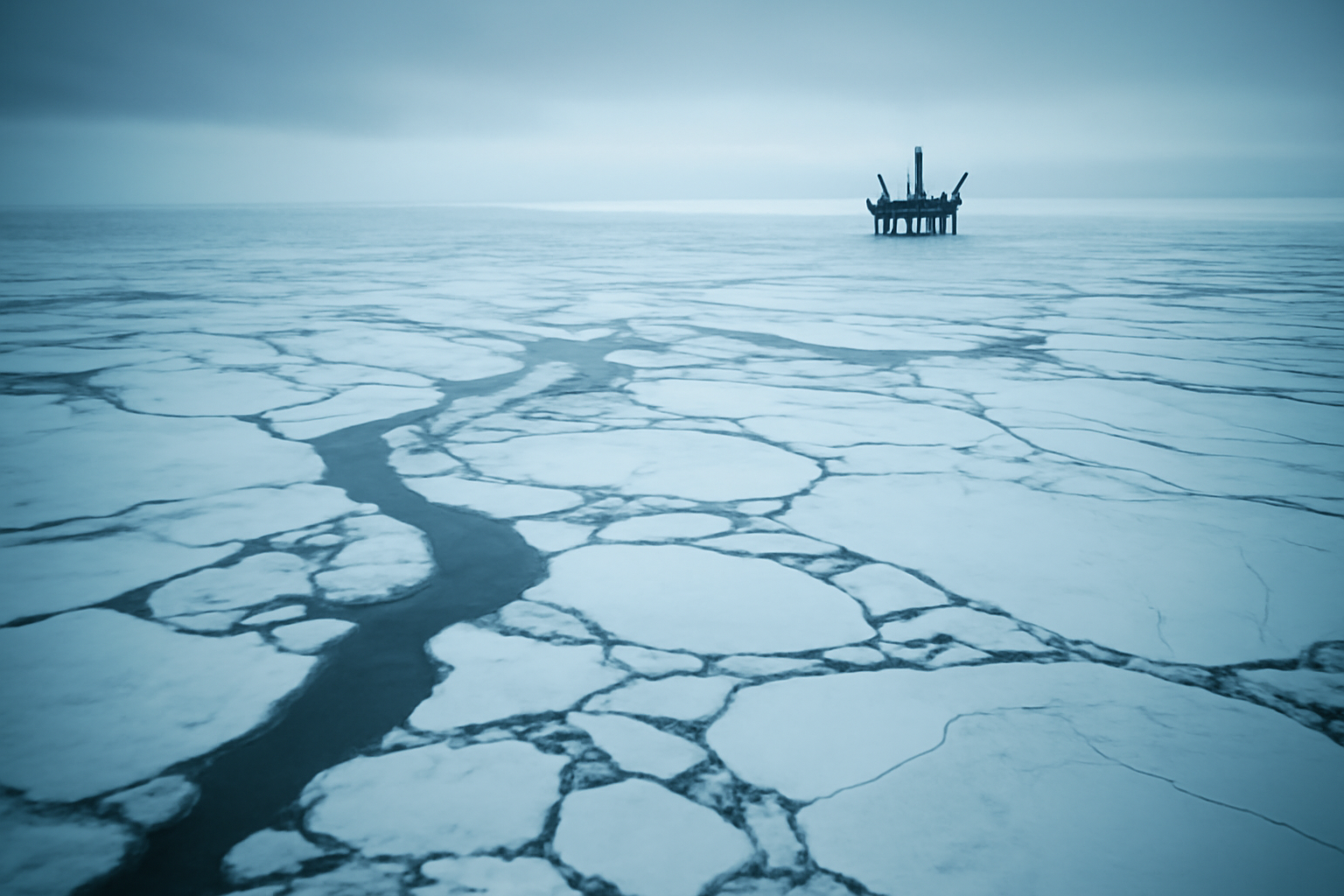 Isbrytare i Arktis med oljeplattform i bakgrunden, symboliserande konflikt