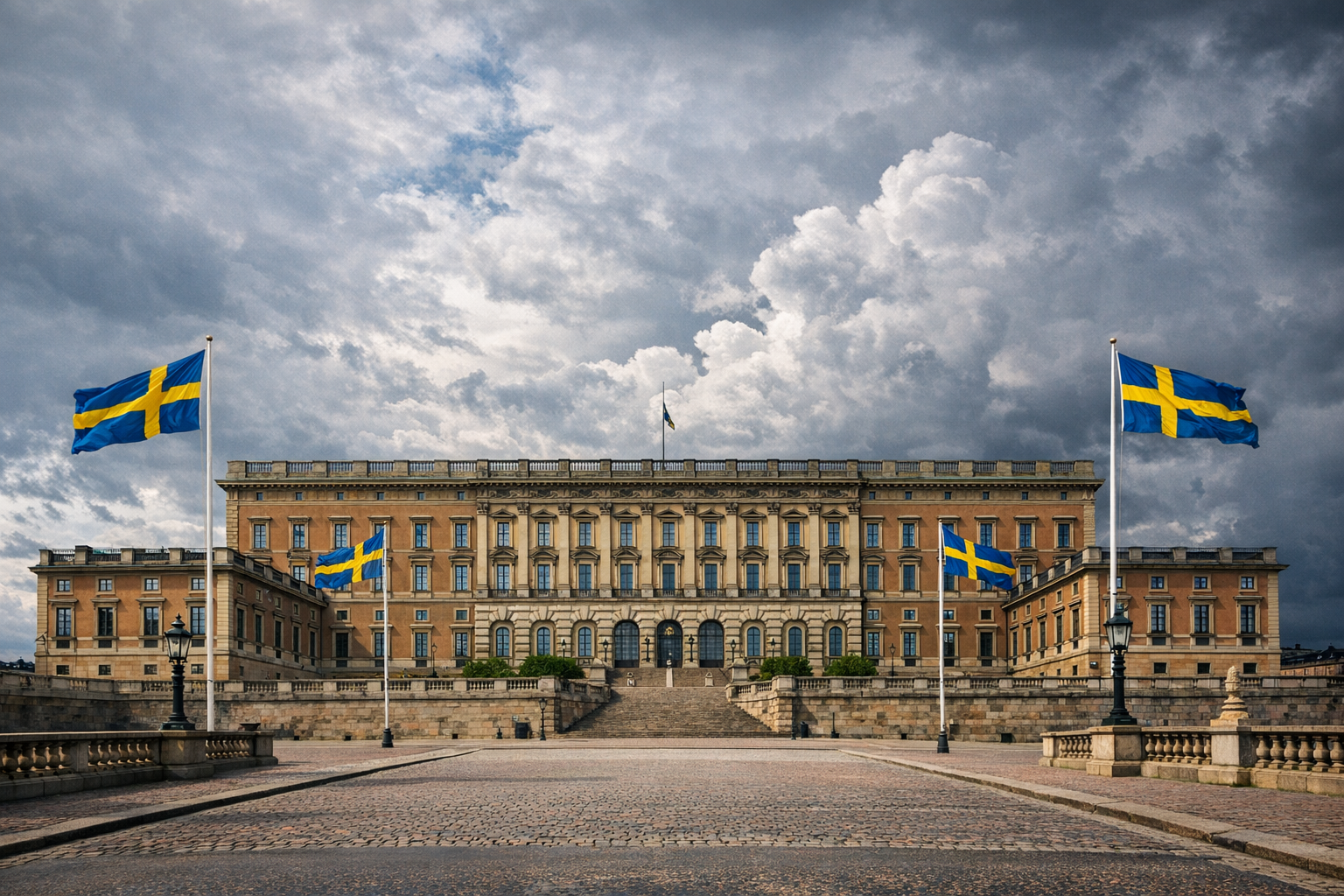 Kunglig slottsport med vakt i formell uniform mot grå himmel