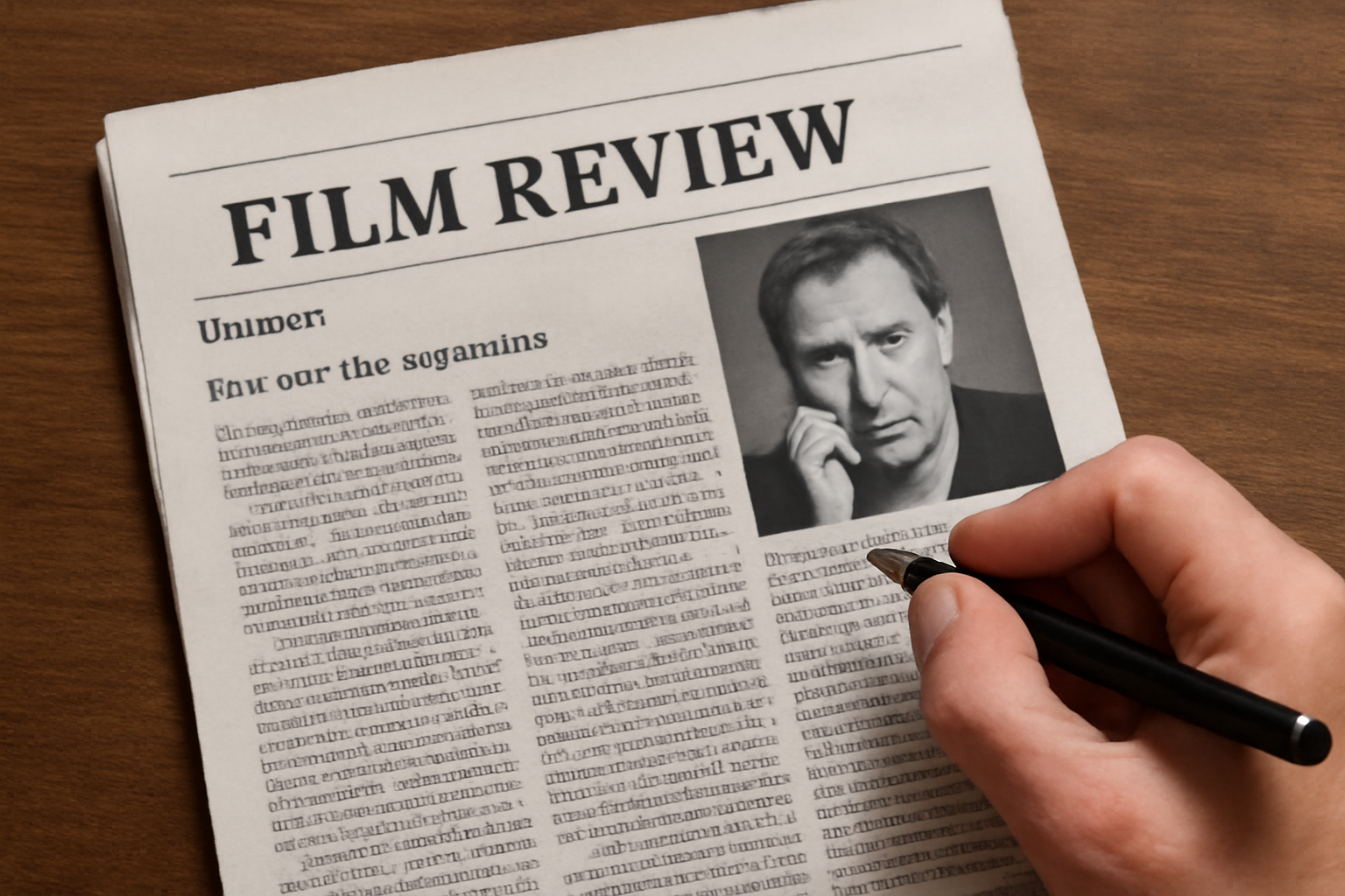 Person som skriver filmrecension vid ett bord, symboliserande kritisk journalistik